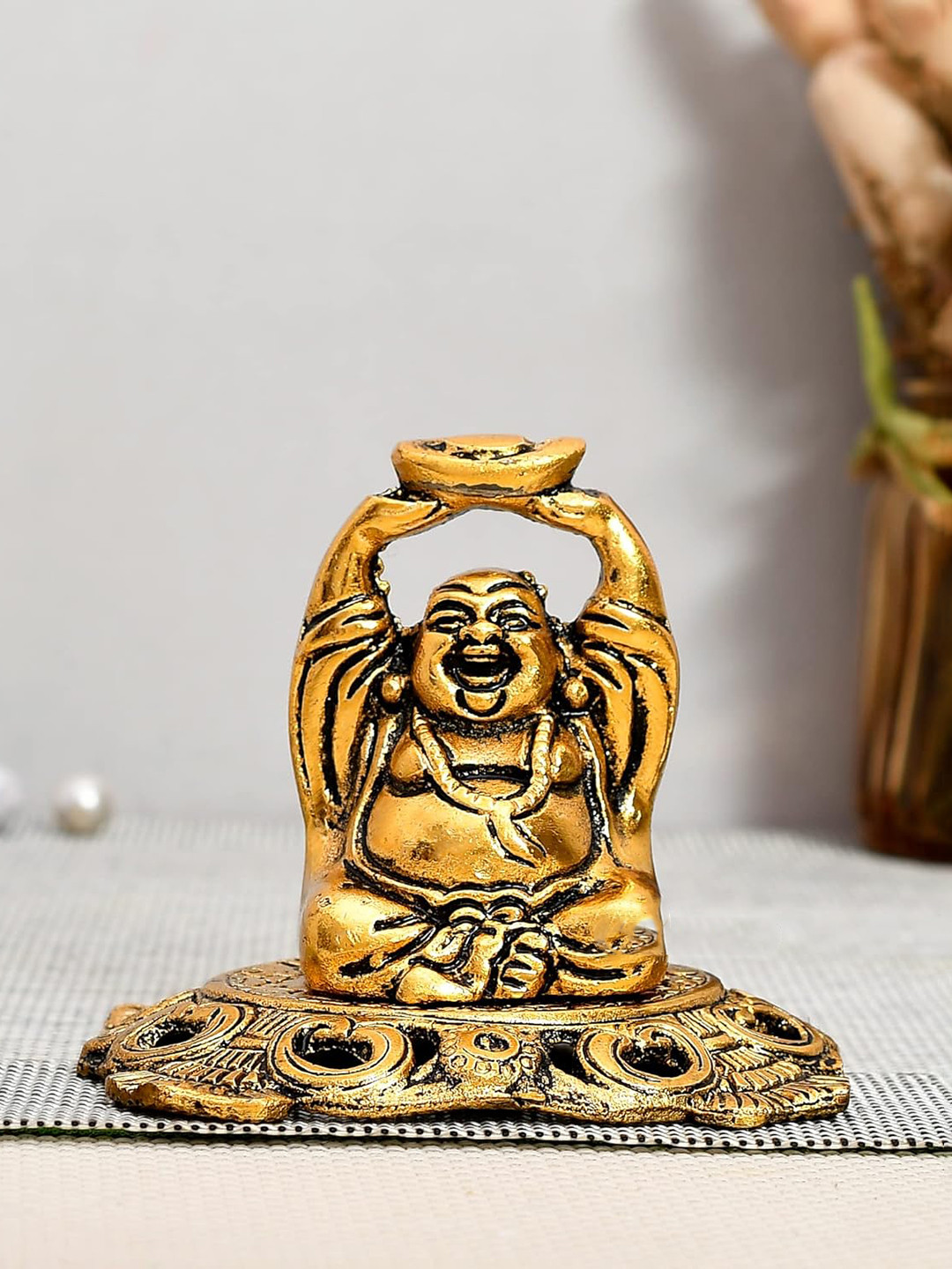 Ascension Laughing Buddha Gold Metal Metallic Living Room Small Showpiece - 2.8 Inches