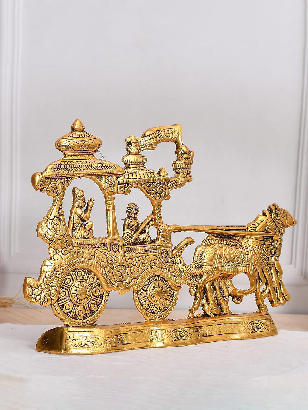 Ascension Lord Krishna and Arjun Chariot with Horses Gold Metal Metallic Prayer Room Small Showpiece - 7.7 Inches