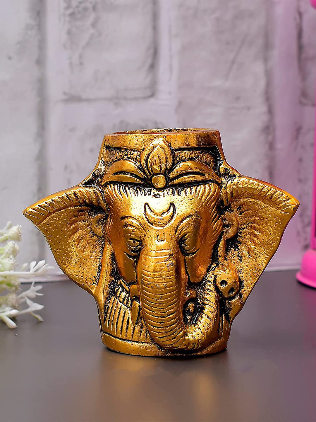 Ascension Elephant Pen Stand Gold Metal Metallic Prayer Room Small Showpiece - 1.6 Inches