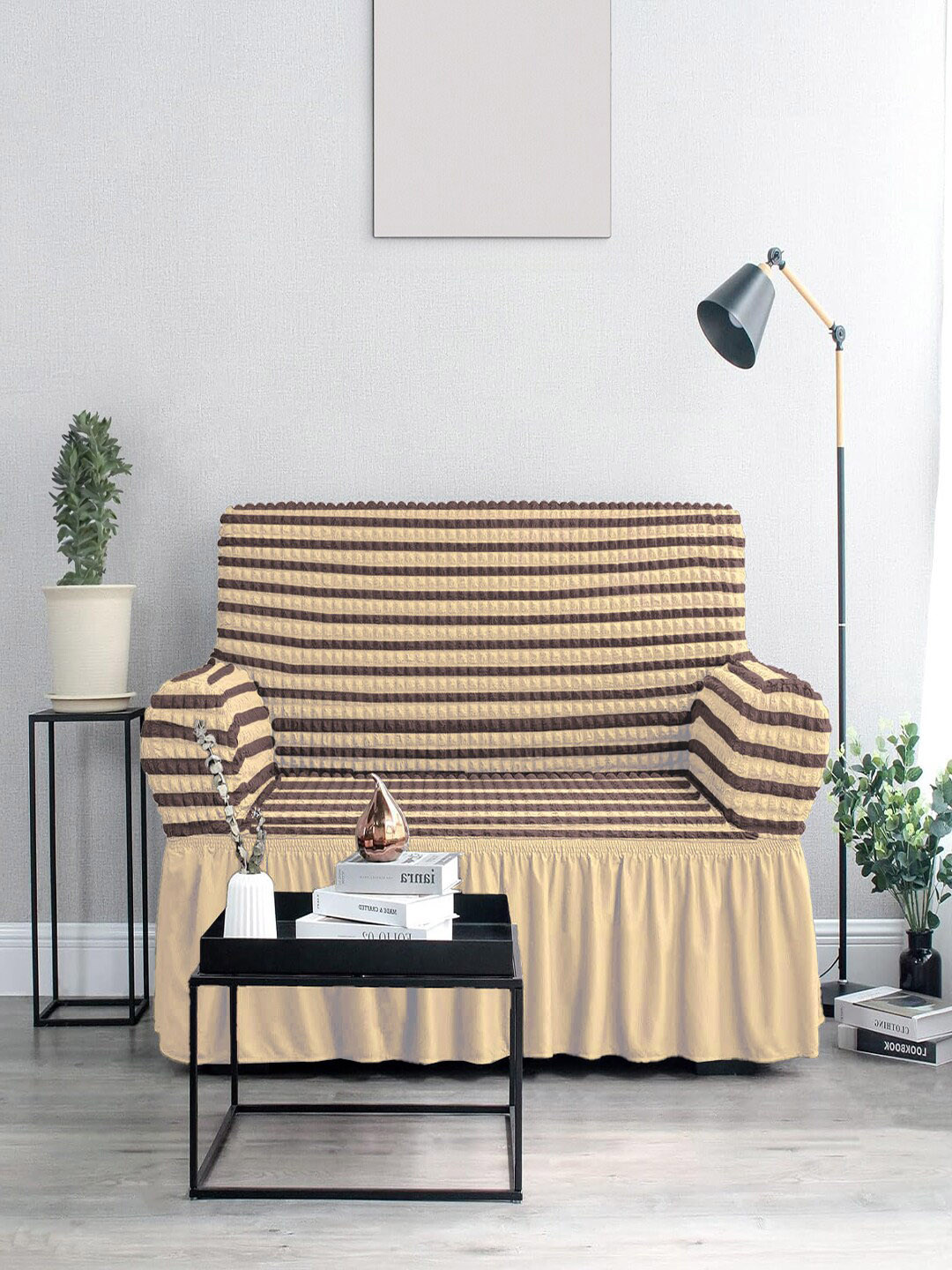 Cortina Cream Coloured & Brown Striped 3 Seater Sofa Cover With Skirt