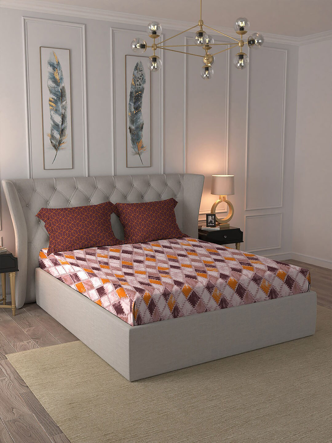 MYTRIDENT Celebration Red Geometric Pure Cotton 144 TC Queen Bedsheet with 2 Pillow Covers-100 x 90 inches