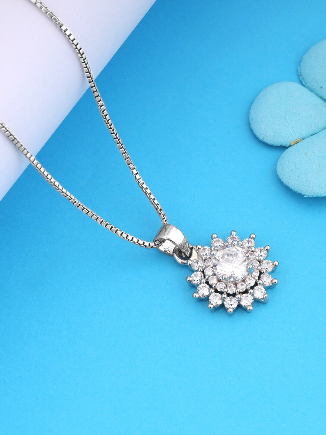 GIVA Rhodium-Plated CZ-Studded & Celestial Floral Pendant With Chain