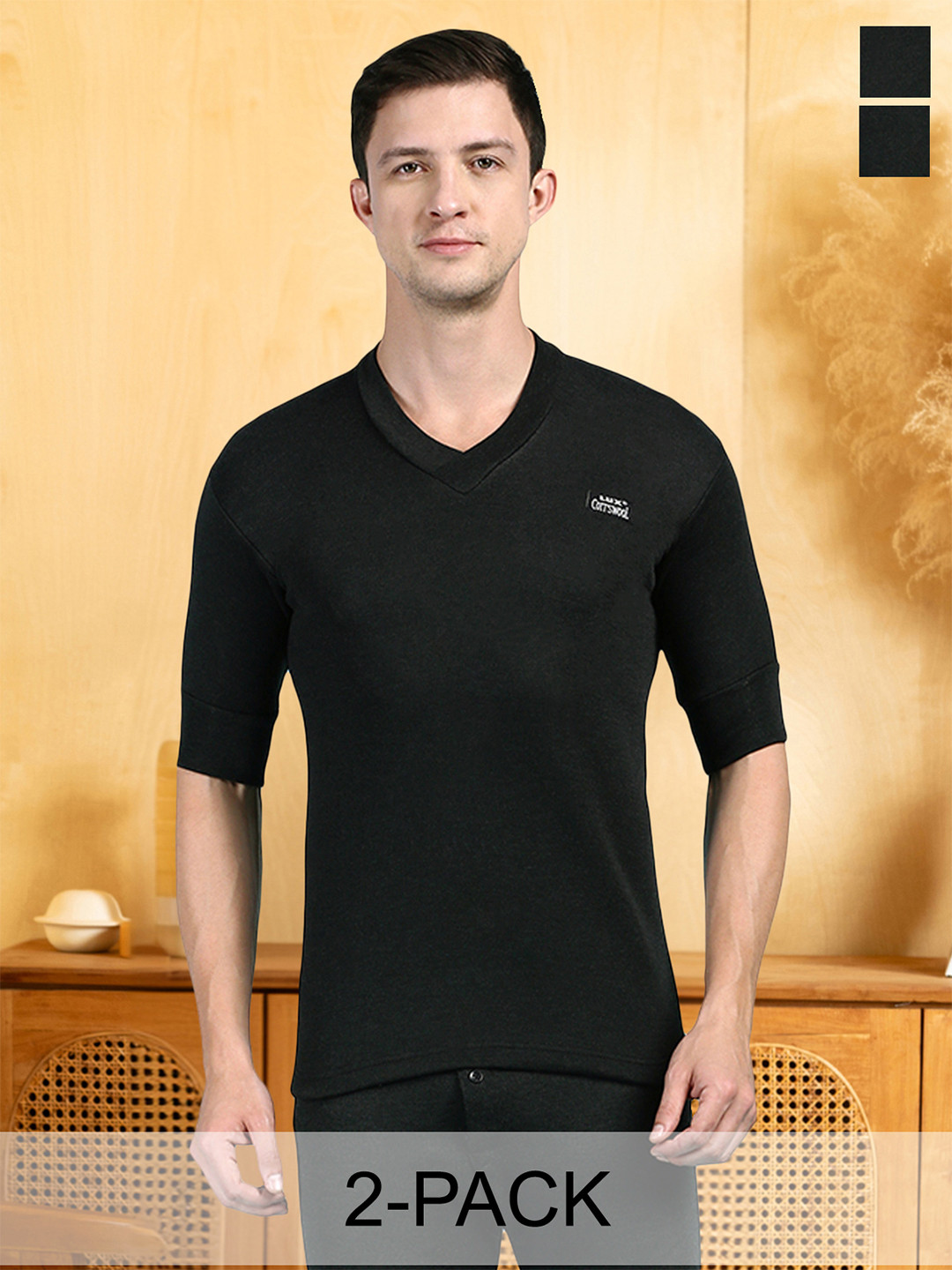 Lux Cottswool Pack Of 2 V-Neck Cotton Wool Thermal Tops
