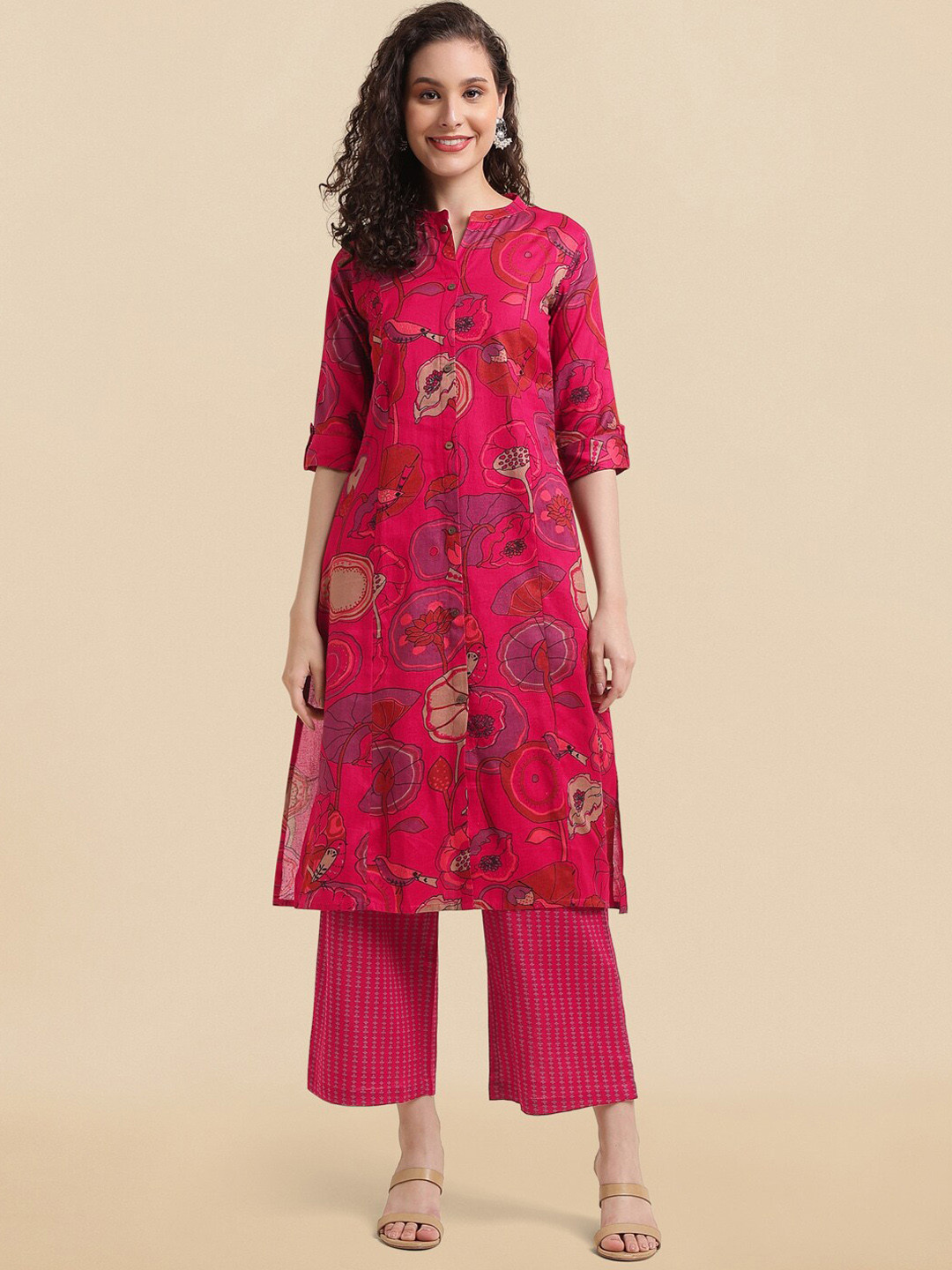 KALINI Pink Floral Printed Mandarin Collar Pure Cotton Kurta With Palazzos