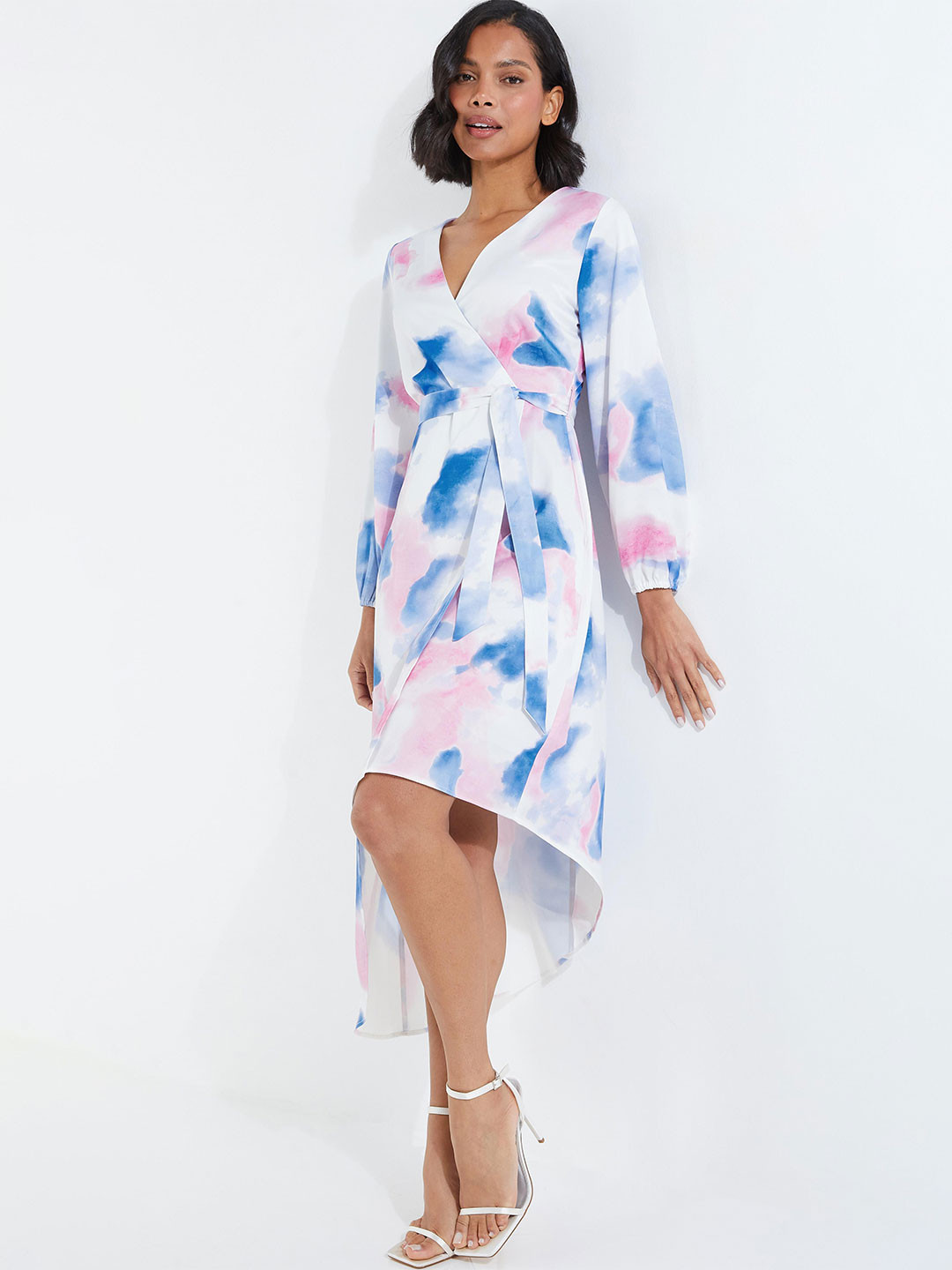 QUIZ Tie and Dye V-Neck Puff Sleeve Tie-Ups Fit and Flare Dress