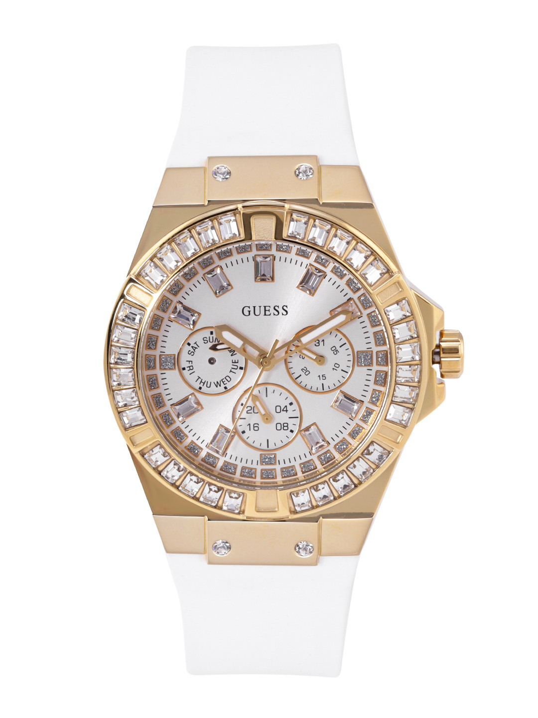 GUESS Women White Embellished Dial & White Straps Analogue Multi Function Watch
