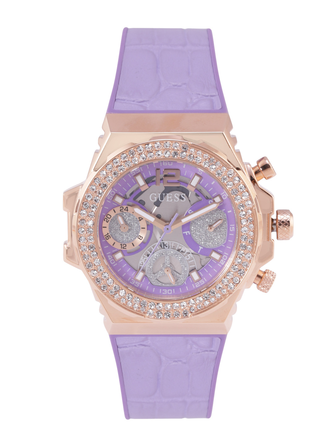 GUESS Women Fusion Embellished Dial & Leather Straps Analogue Chronograph Watch GW0553L6