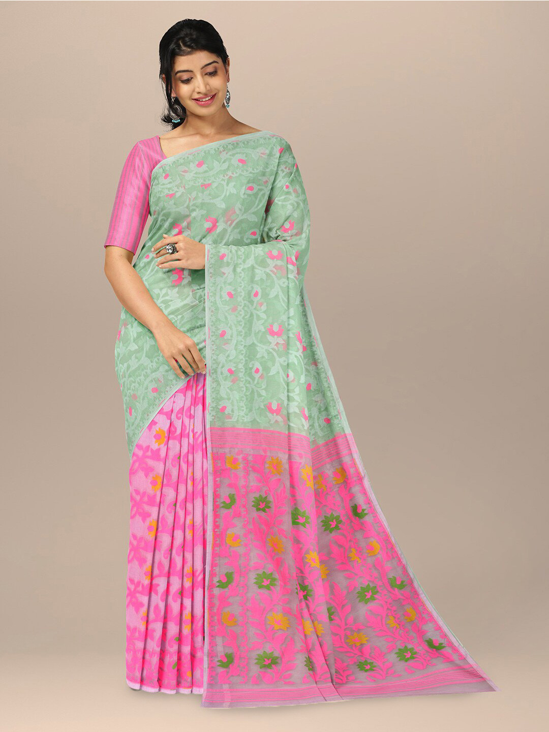 SARIKA Floral Woven Design Half & Half Pure Cotton Jamdani Saree