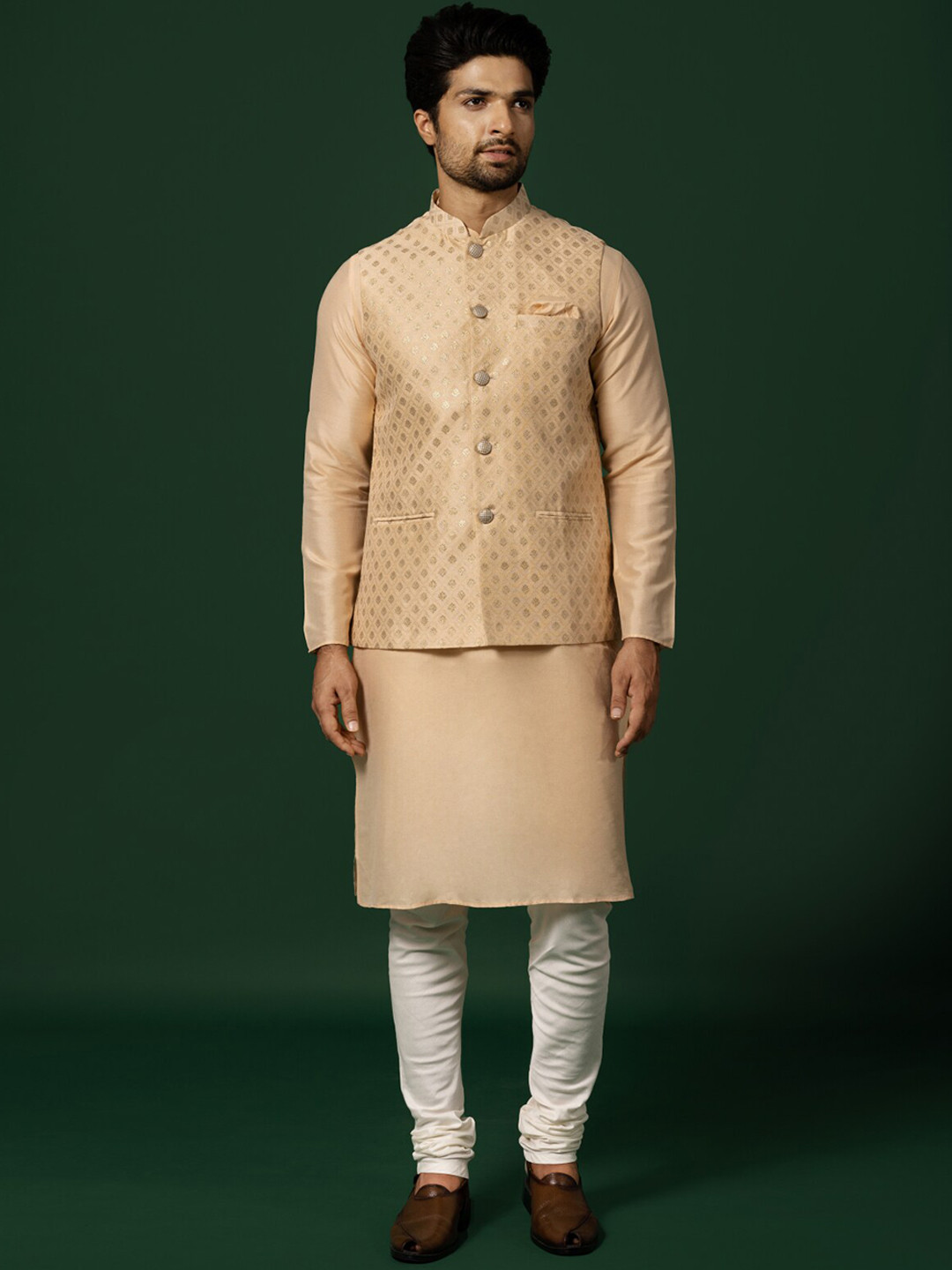 KISAH Mandarin Collar Regular Kurta With Churidar & Nehru jacket