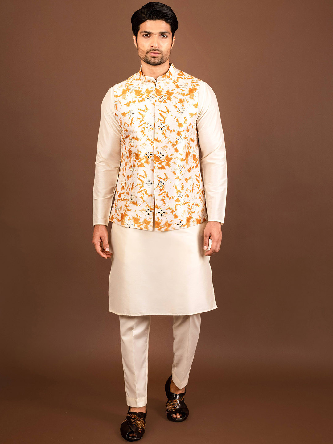 KISAH White Mandarin Collar Straight Kurta & Trousers With Nehru jacket