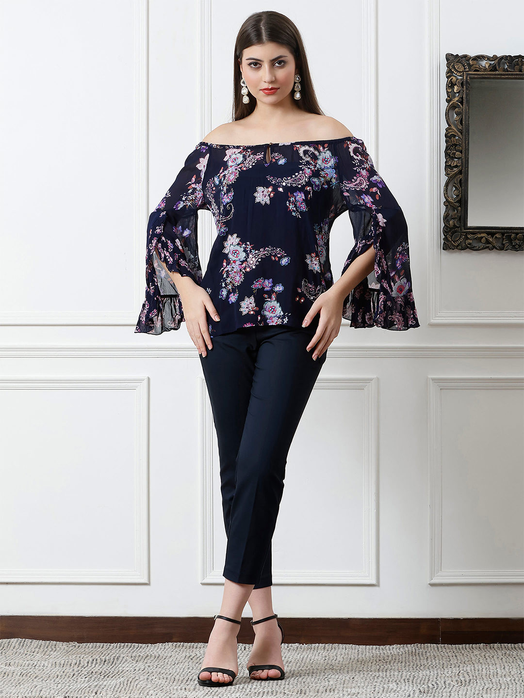 DEBONATELLA Floral Printed Sequined Off-Shoulder Bell Sleeves Georgette Bardot Top