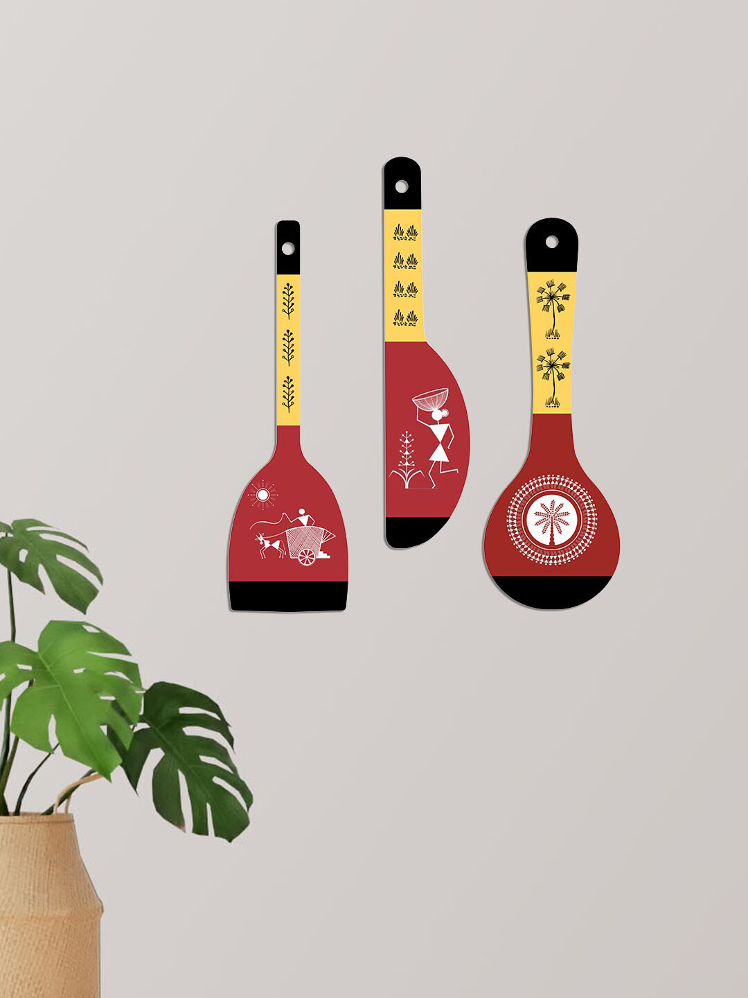 ArtVibes Warli Art Wood Ethnic Motifs Glossy Hanging Hall 3Pcs Wall Hangings-17In