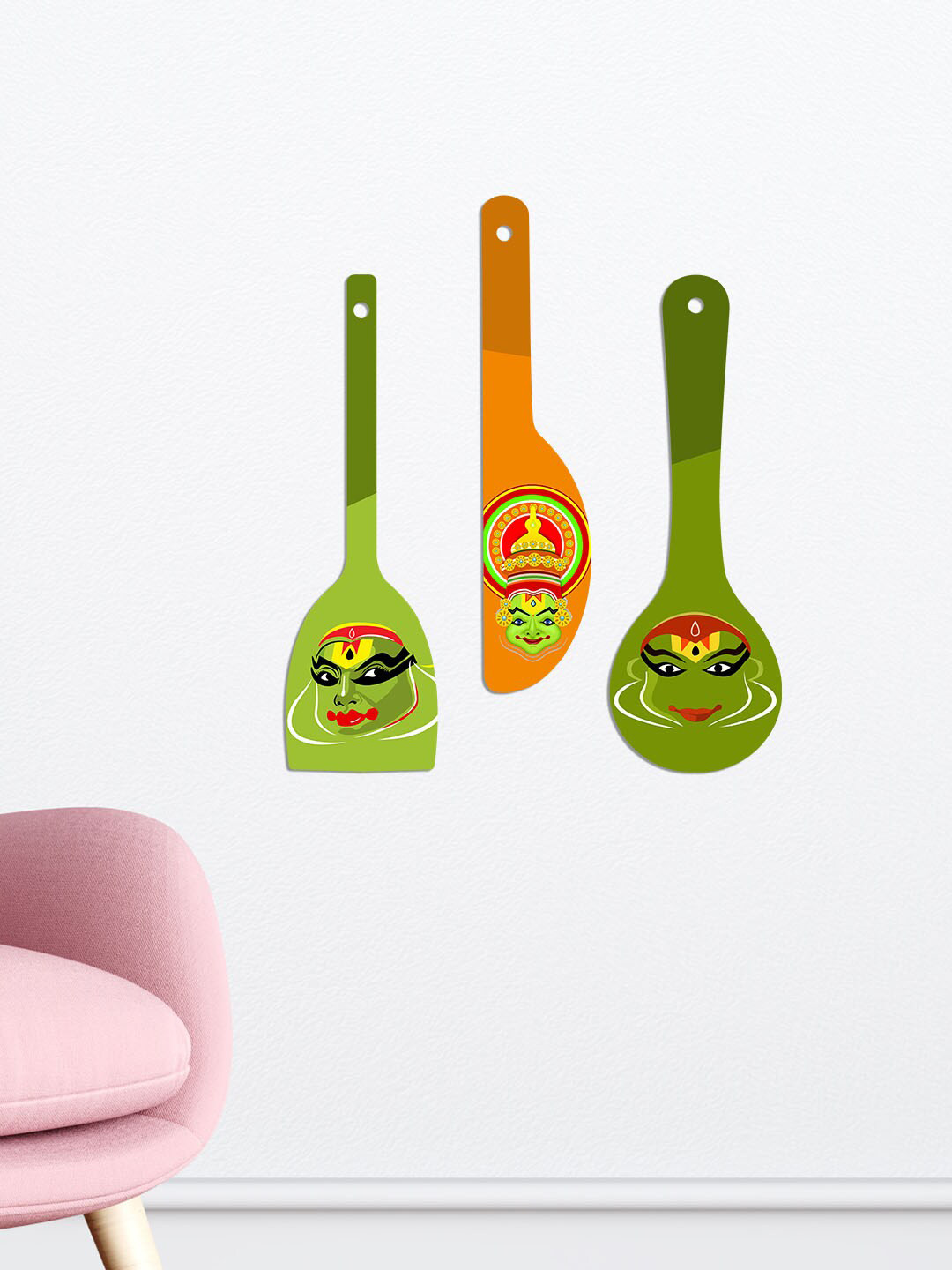 ArtVibes Kathakali Dance Wood Ethnic Motifs Matte Hanging Hall 3Pcs Wall Hangings-16.9In