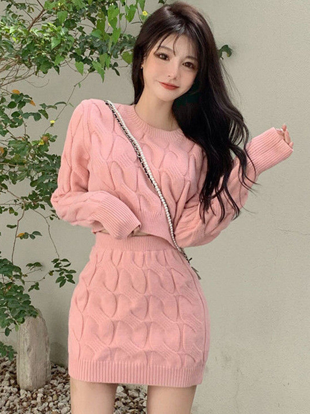 LULU & SKY Pink Self Design Sweater with Skirt