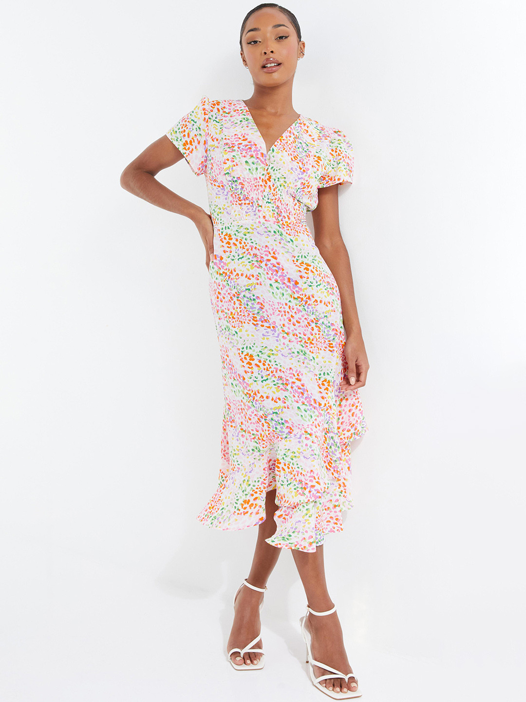 QUIZ Floral Printed V-Neck Smocked A-Line Midi Dress