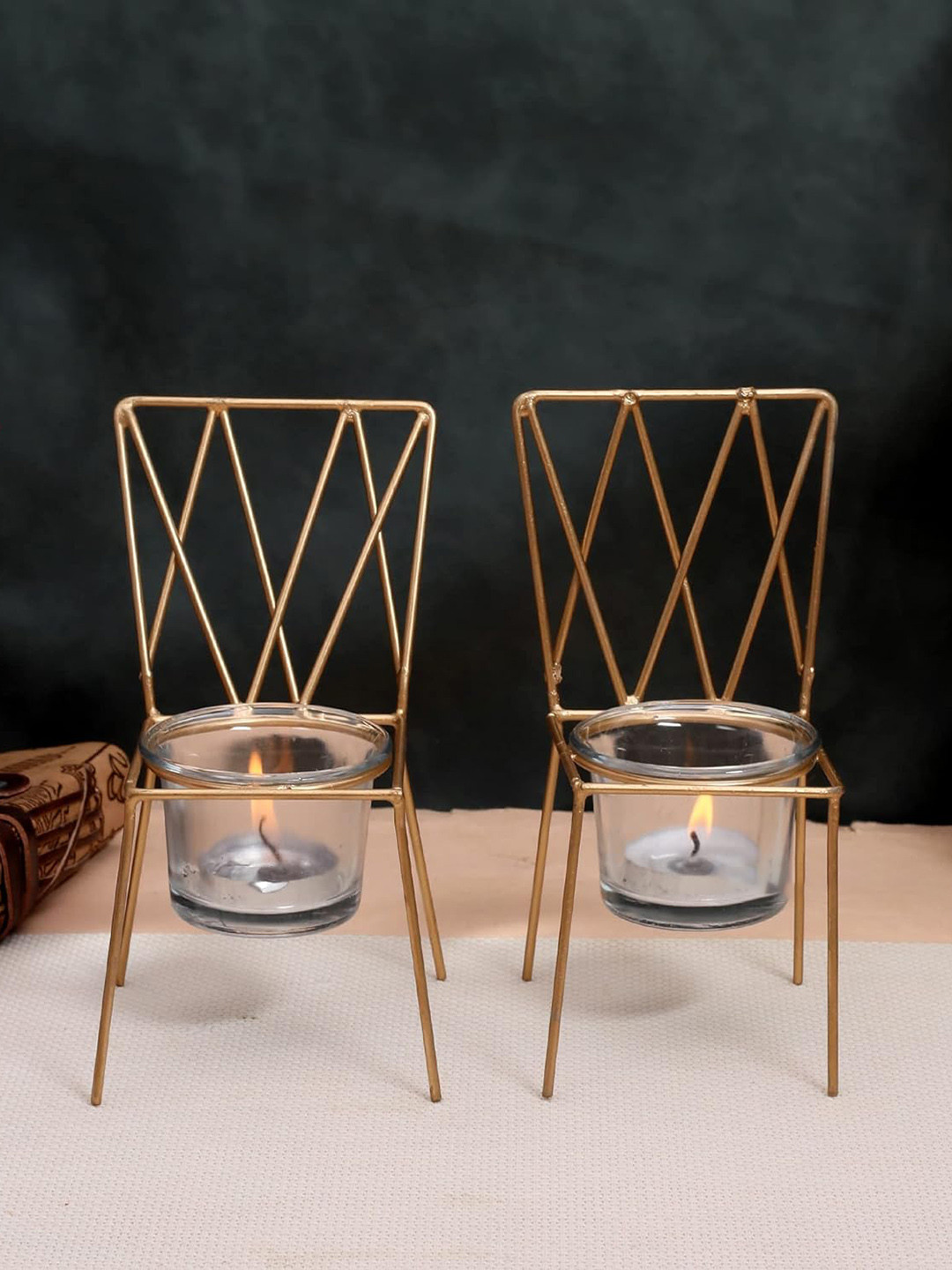 Ascension Gold Toned 2 Pieces Metal Chair Shape Chair Shape Candle Holders