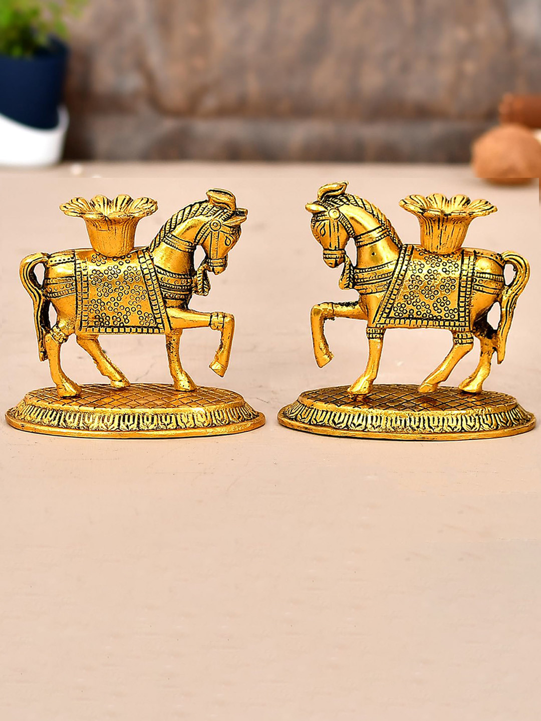 Ascension Brown 2 Pieces Textured Metal Horse Tea Light Candle Holder Stand