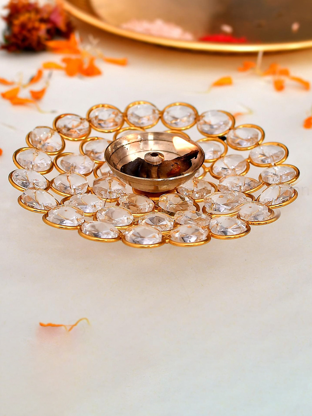 Ascension Gold-Toned Crystal Round Metal Akhand Jyot Diya