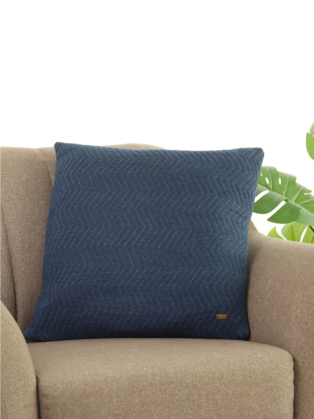 Pluchi Knitted Navy Blue Embroidered Cotton Breathable Square Cushion Cover -20x20In
