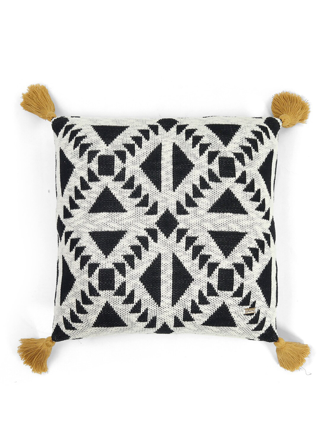 Pluchi Knitted Black Cotton Breathable Embroidered Square Cushion Cover -16x16In