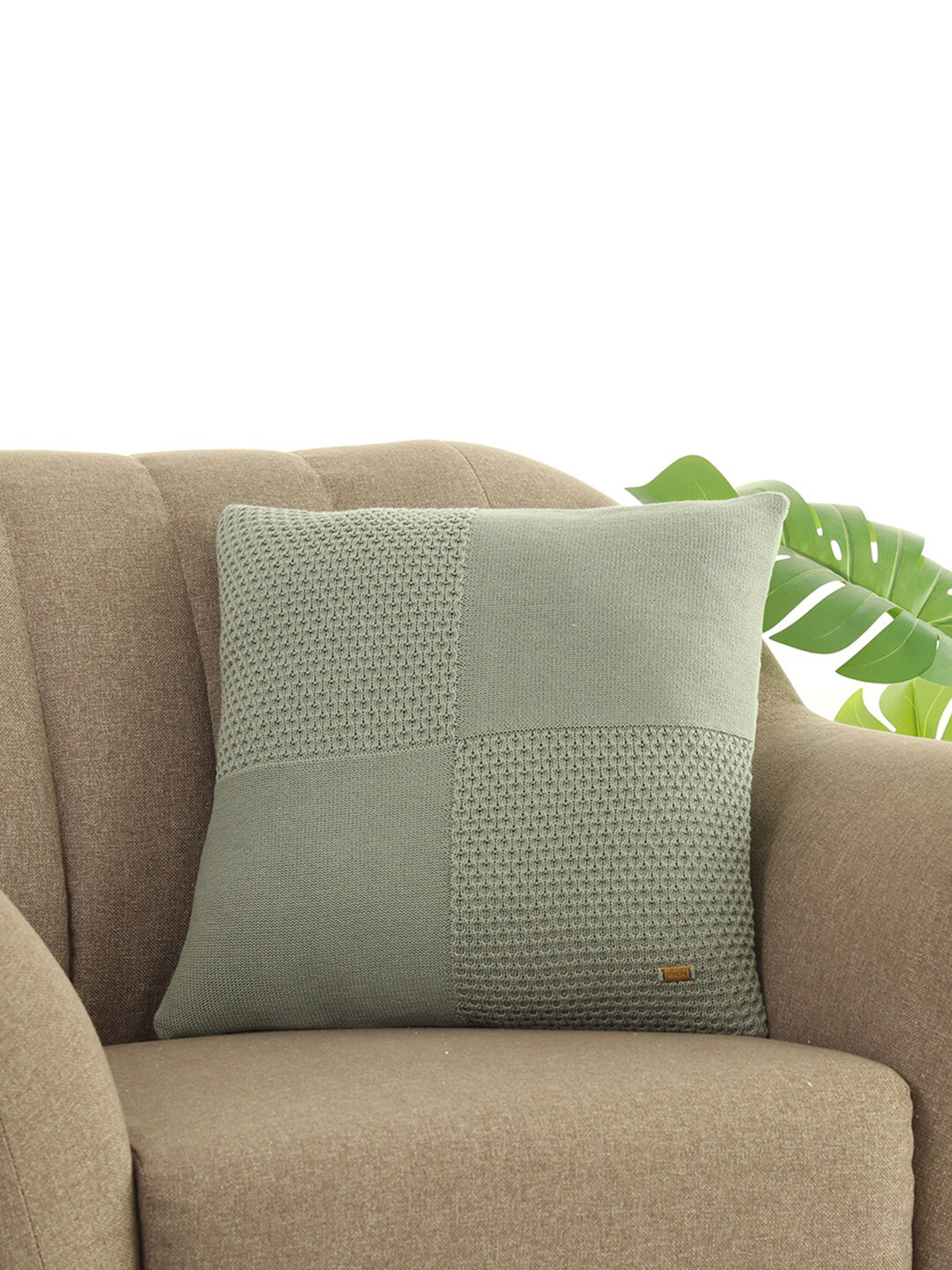 Pluchi Knitted Green Self Design Cotton Breathable Textured Cushion Cover - 18 x 18 Inches