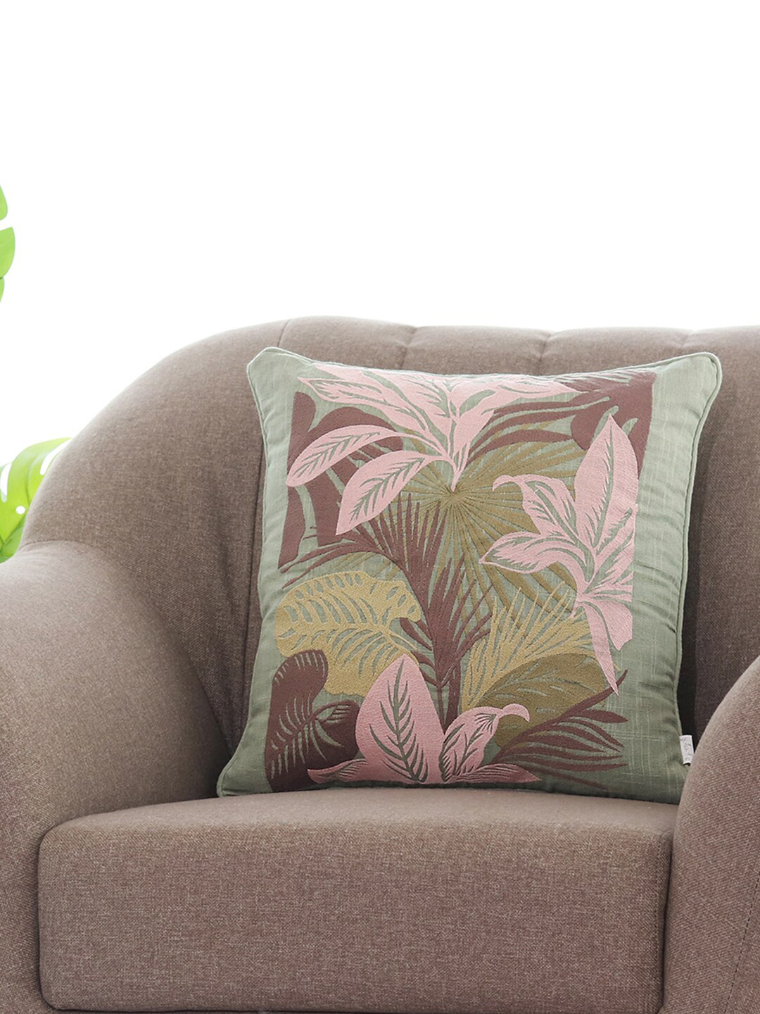 Pluchi Embroidery Green Floral Cotton Lightweight Square Cushion Cover -18x18In