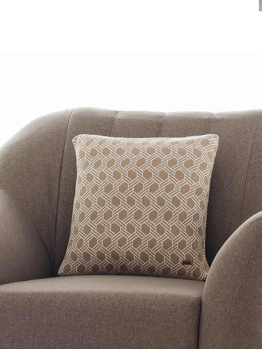Pluchi Knitted Beige Geometric Cotton Breathable Square Cushion Cover - 16 x 16 Inches