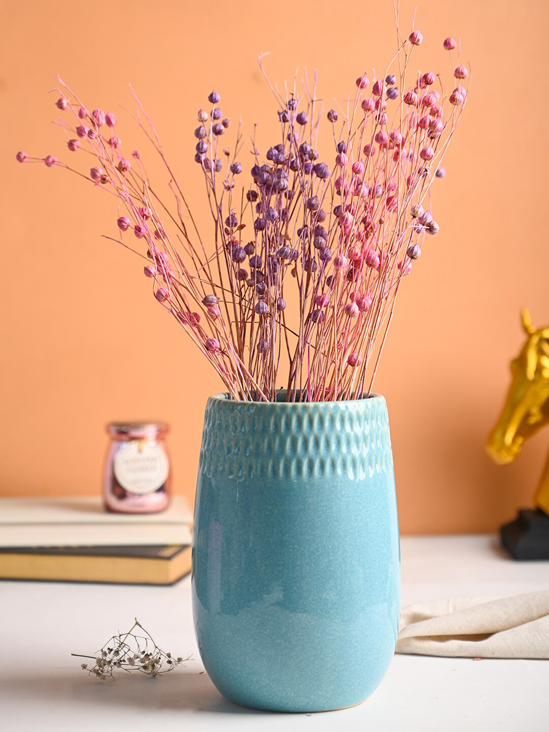 MARKET99 Turquoise Blue Embossed Cylindrical Ceramic Vase