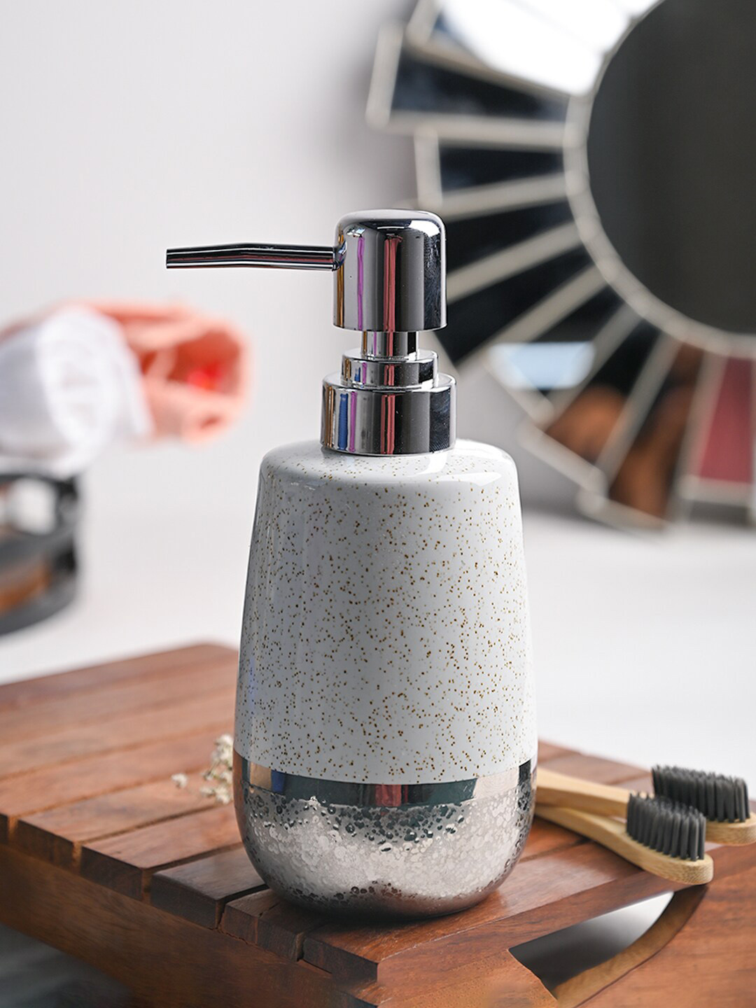 MARKET99 White & Silver Toned Dotted Dotted Style Textured Ceramic Soap Dispense - 350 ML