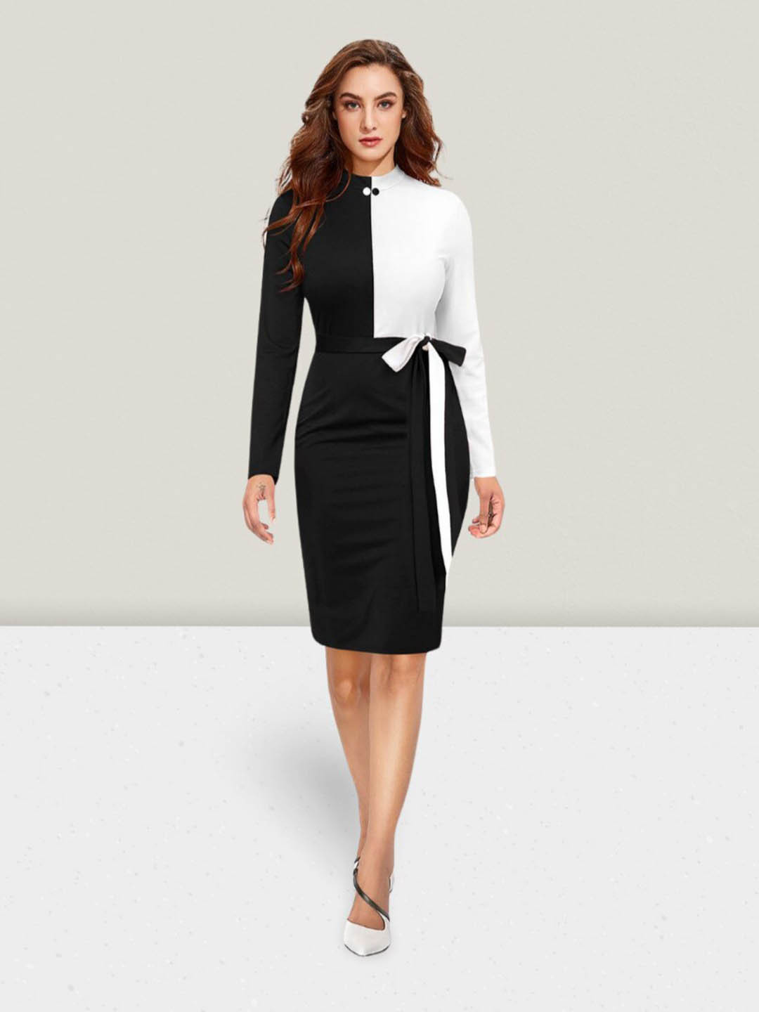 ZELZIS Colourblocked High Neck Tie-Ups Detail Sheath Dress