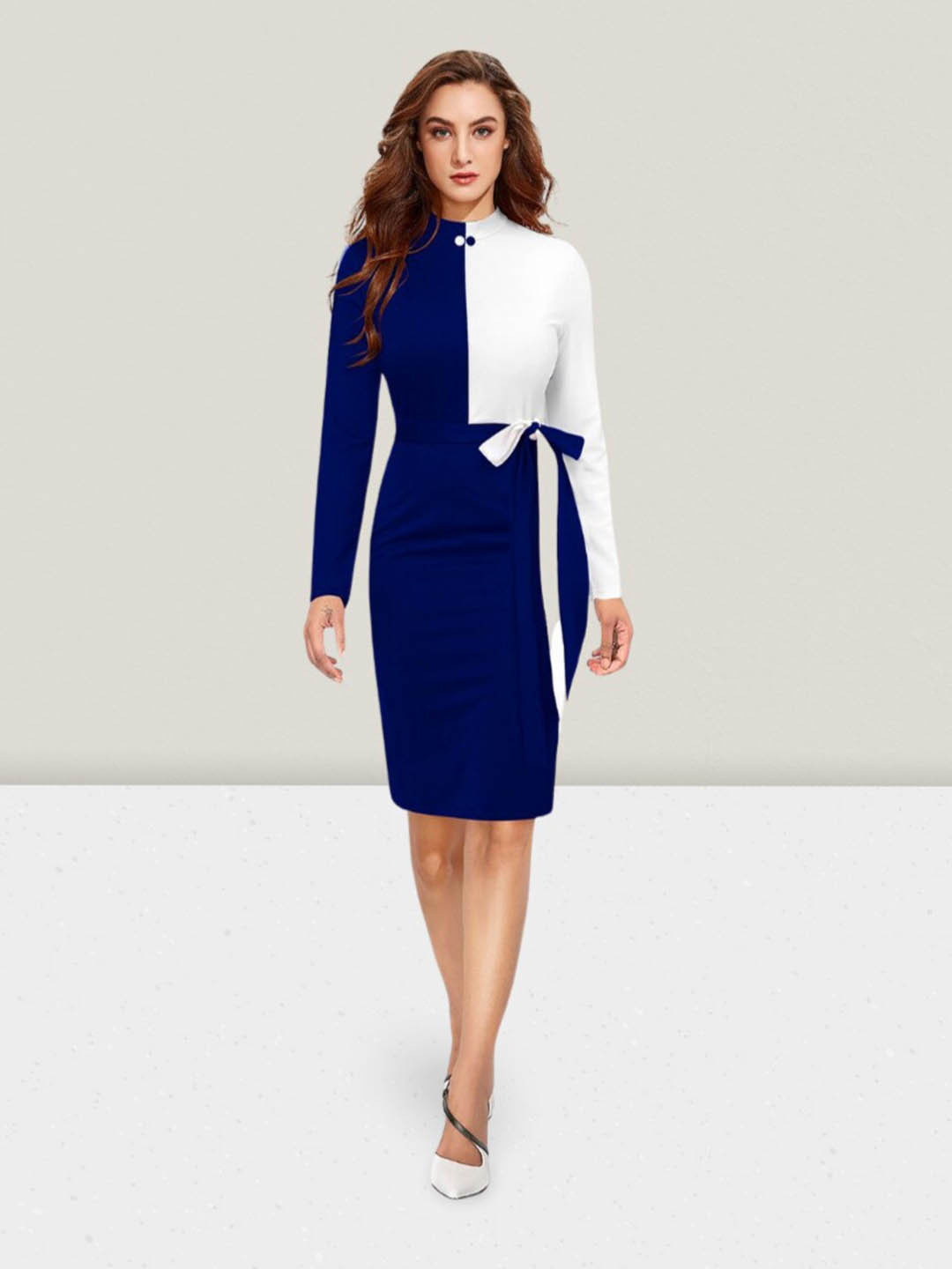 ZELZIS Colourblocked High Neck Tie-Ups Detail Sheath Dress