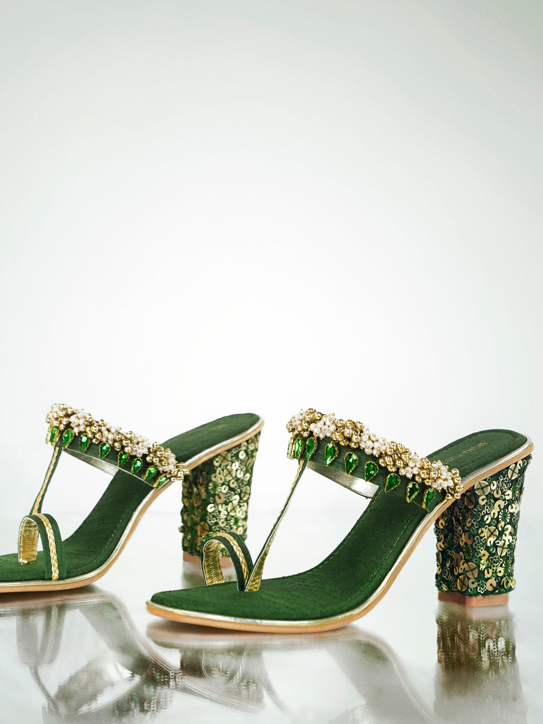 Signature Sole Ethnic Embellished One Toe Block Heels