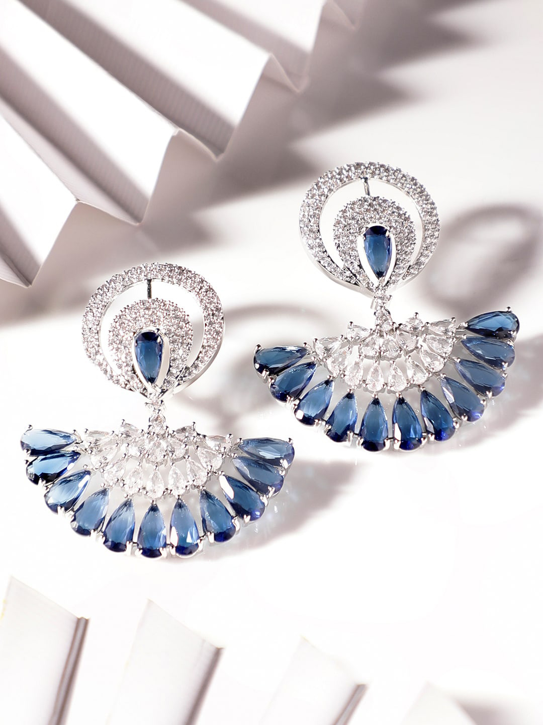 Rubans Rhodium Plated Blue Sapphire & White Cubic Zirconia Studded Premium Drop Earrings