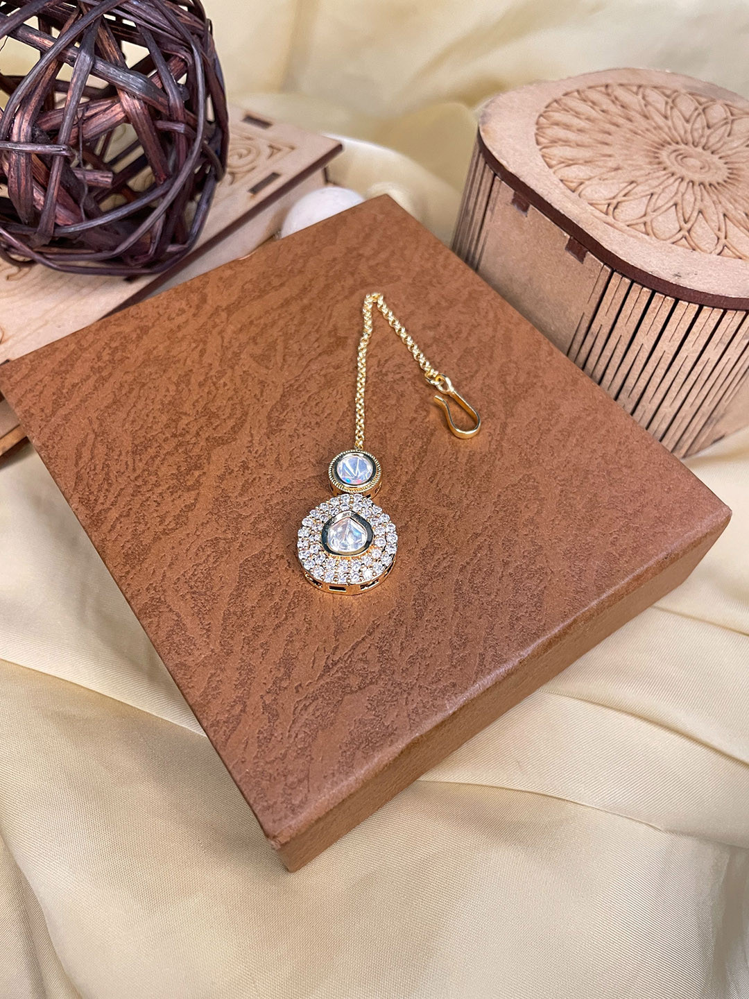 ABDESIGNS Gold Plated Royal Polki Stones-Studded MaangTikka