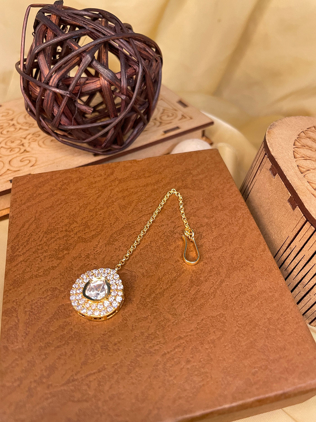 ABDESIGNS Gold-Plated Stones Studded & Beaded Polki Maang Tikka