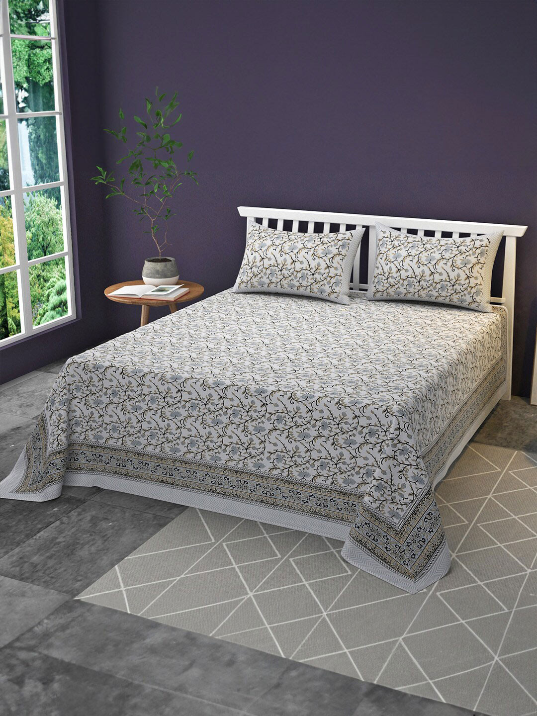 CLIO'S HERITAGE STORE White Ethnic Motifs Cotton 400 TC King Superfine Bedsheet with 2 Pillow Covers-95 x 115 inches