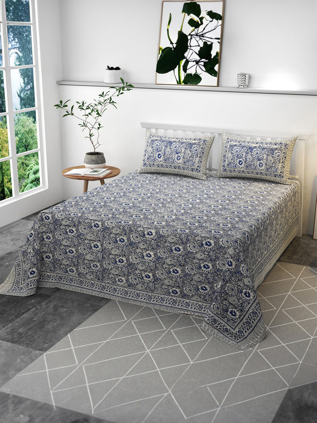 CLIO'S HERITAGE STORE Grey Ethnic Motifs Cotton 400 TC King Superfine Bedsheet with 2 Pillow Covers-241 x 292 cm