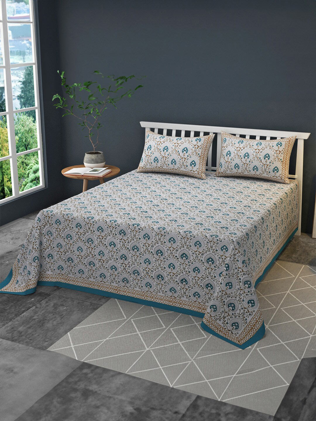 CLIO'S HERITAGE STORE Timeless Sanganeri White Ethnic Motifs Pure Cotton 400 TC King Superfine Bedsheet with 2 Pillow Covers-95 x 115 inches