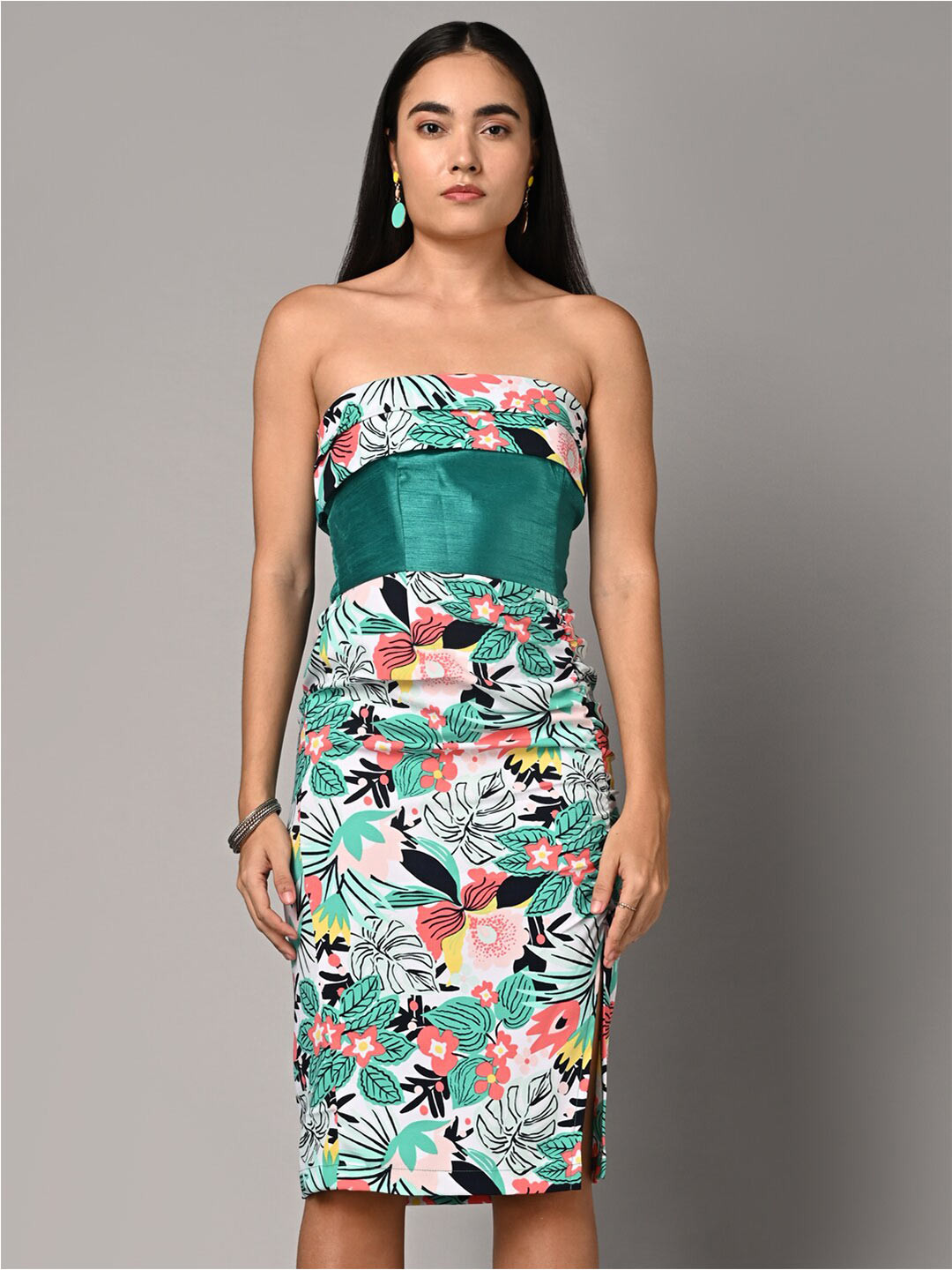 Justin Whyte Tropical Printed Smocked Crepe Sheath Dress