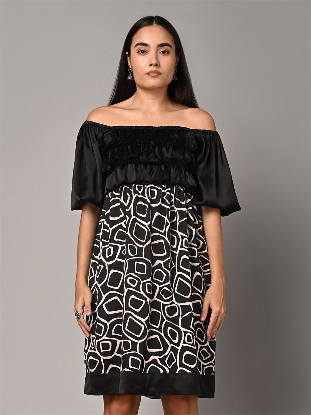 Justin Whyte Printed Off-Shoulder Satin A-Line Dress