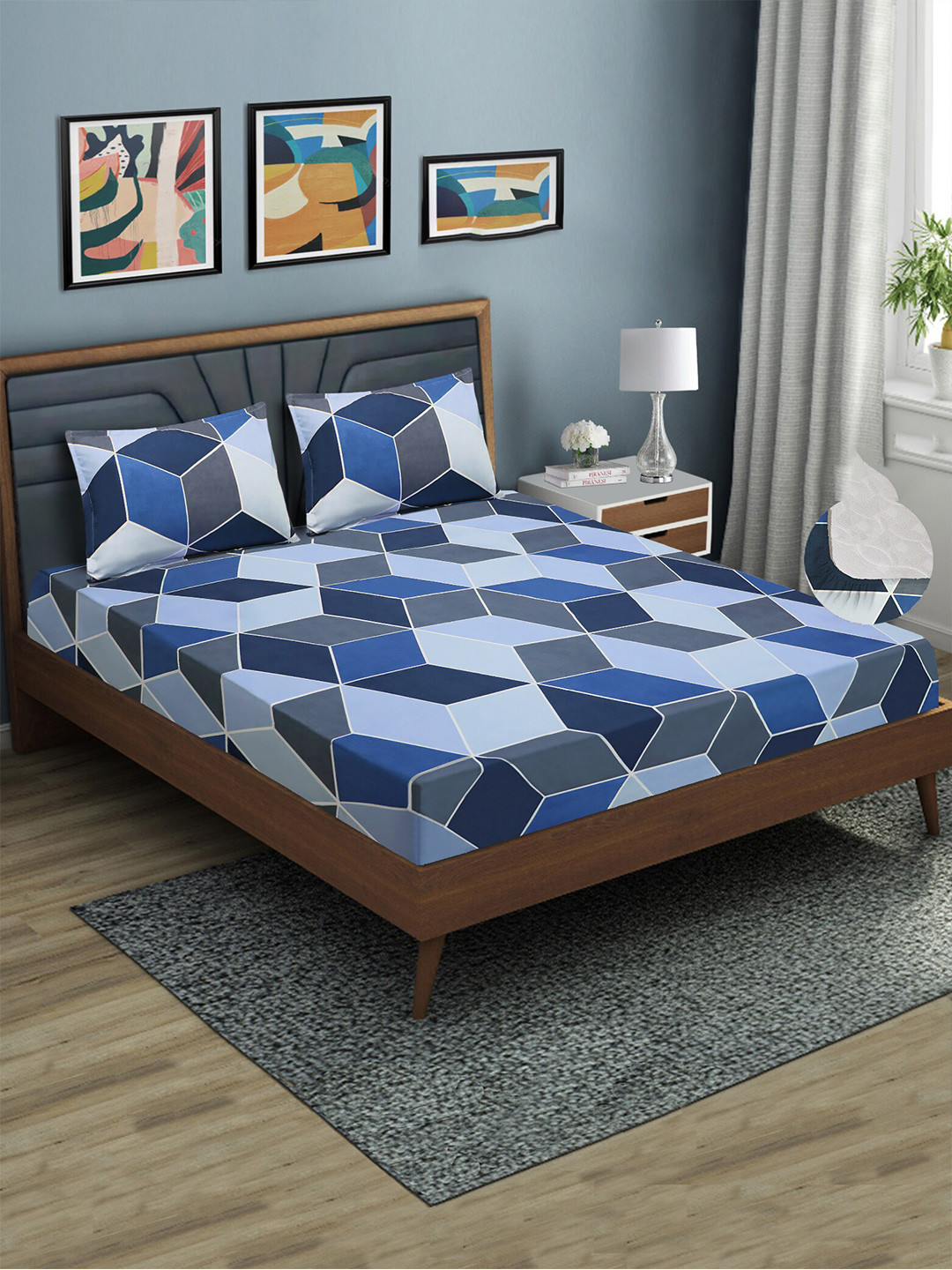 Good Homes by Home Candy Blue Geometric 144 TC Fitted Queen Bedsheet with 2 Pillow Covers