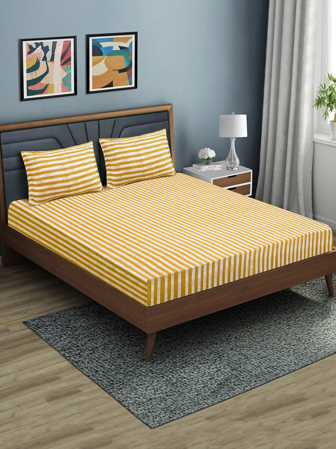 Good Homes by Home Candy Brown Striped 144 TC Fitted Queen Bedsheet with 2 Pillow Covers