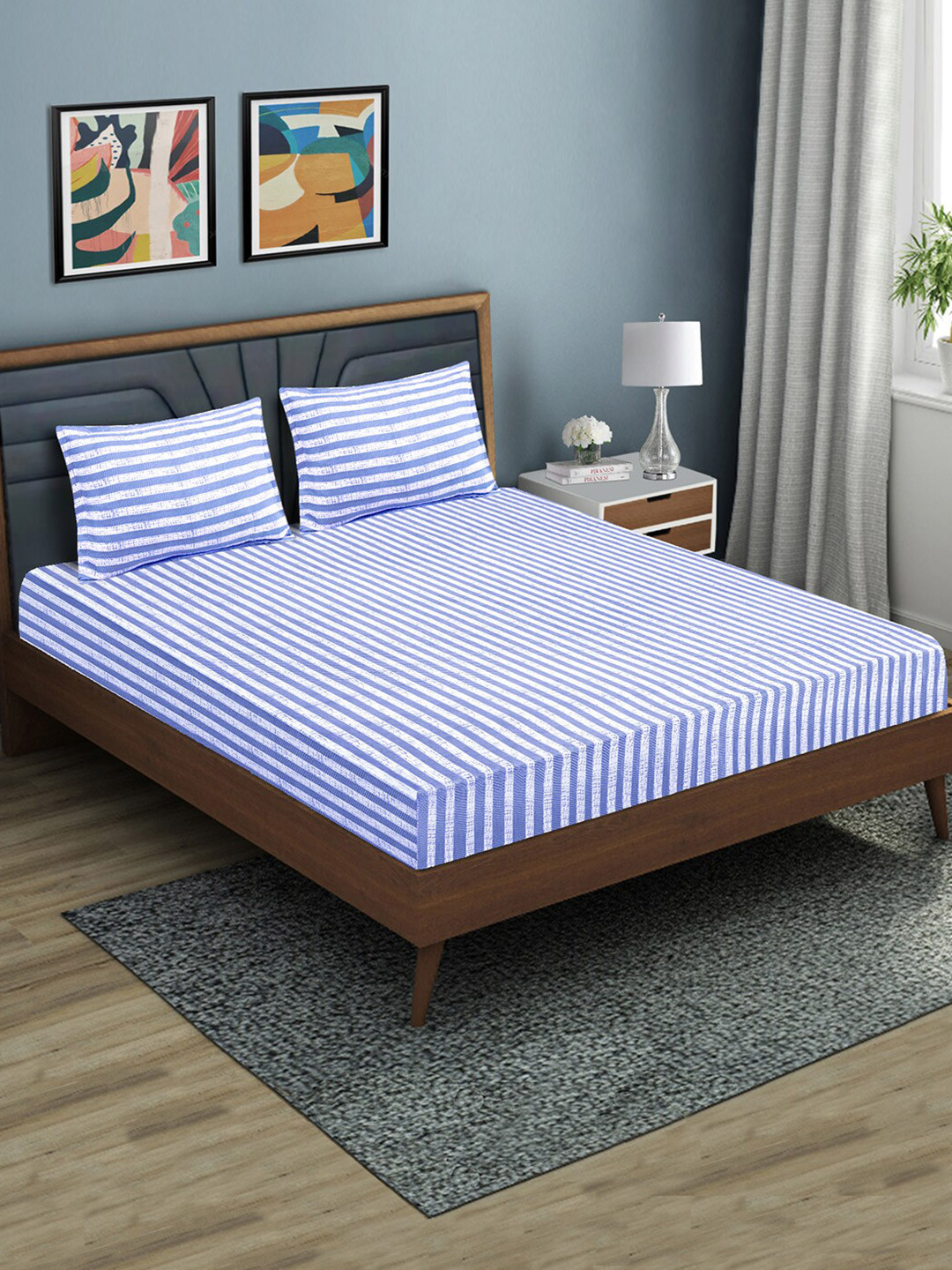 Good Homes by Home Candy Blue Microfiber Fitted 144 TC Queen Bedsheet With 2 Pillow Covers