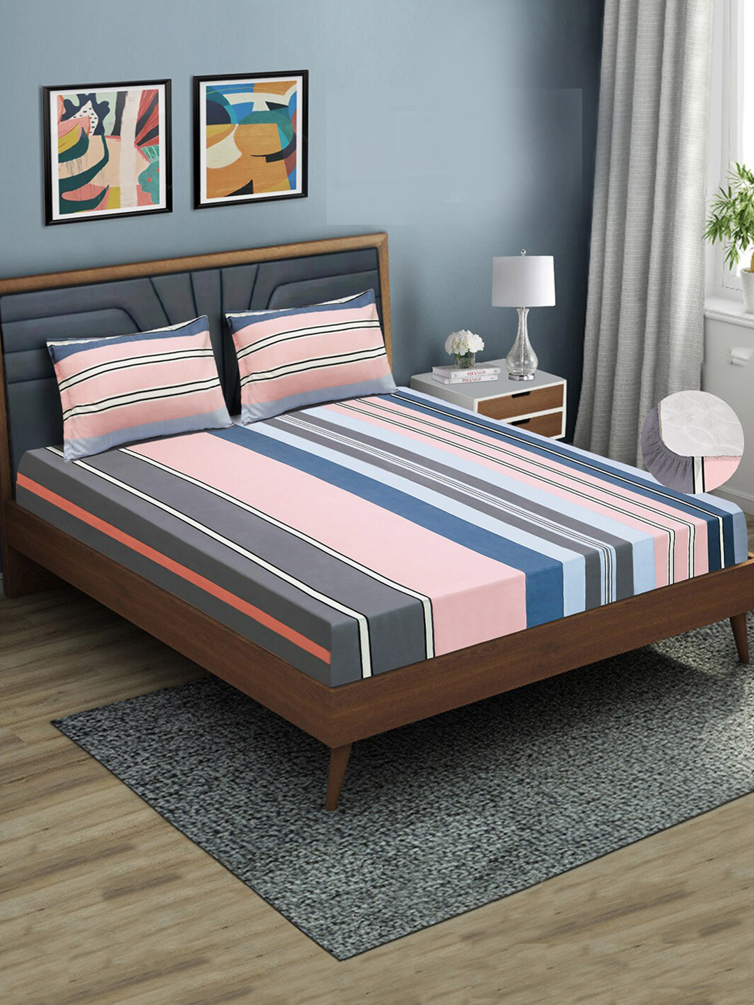 Good Homes by Home Candy Pink Striped Microfiber 144 TC Fitted Queen Bedsheet with 2 Pillow Covers-198 x 178 cm