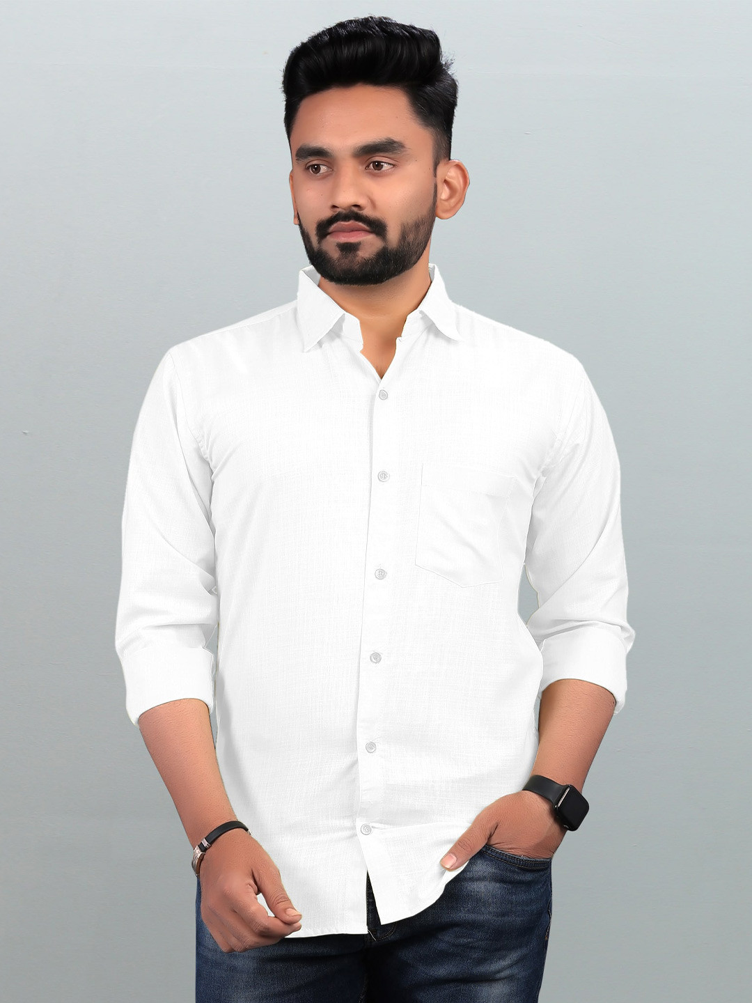 Bought First Premium Spread Collar Long Sleeve Pocket Organic Cotton Casual Shirt