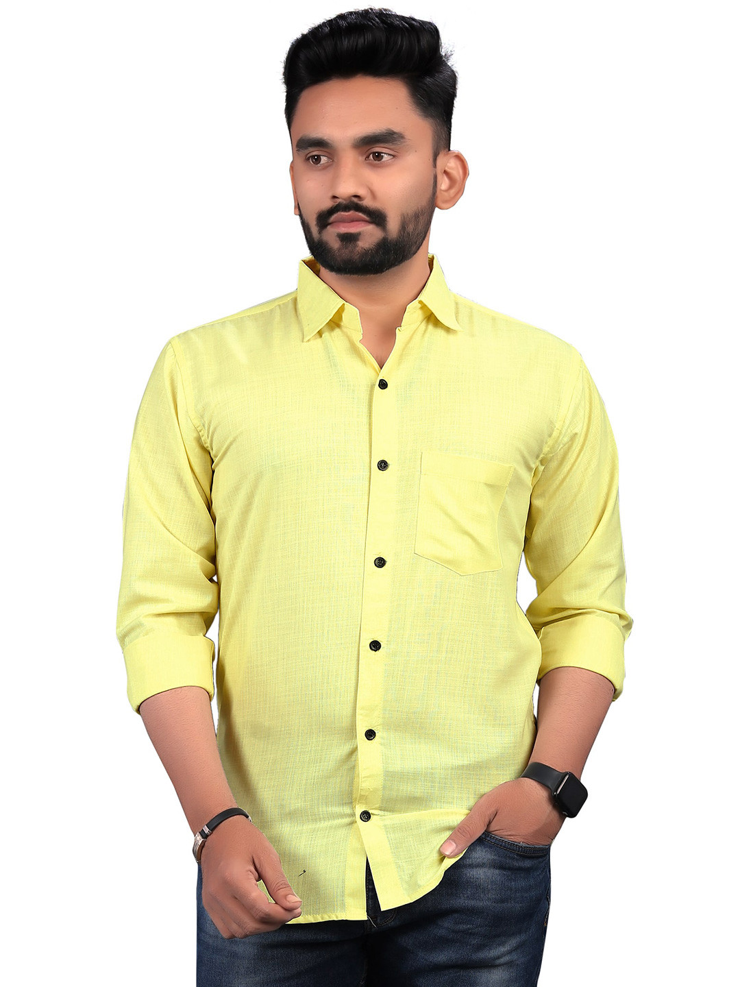 Bought First Premium Spread Collar Long Sleeve Pocket Organic Cotton Casual Shirt