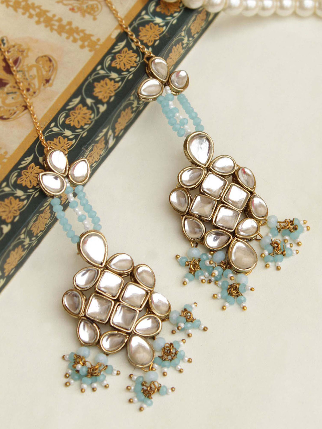 BeAbhika Gold-Plated Contemporary Kundan Studded Drop Earrings With Ear Chain