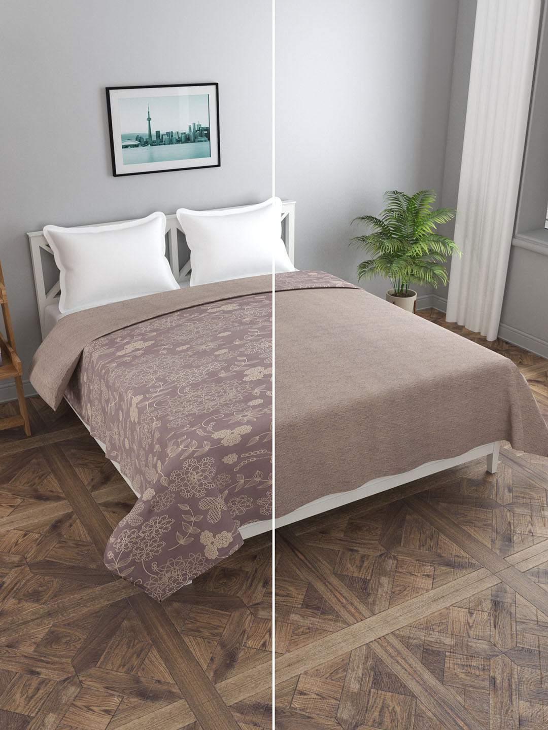 MORADO Mauve & Beige Floral Printed Double Size Bed Reversible Duvet Cover