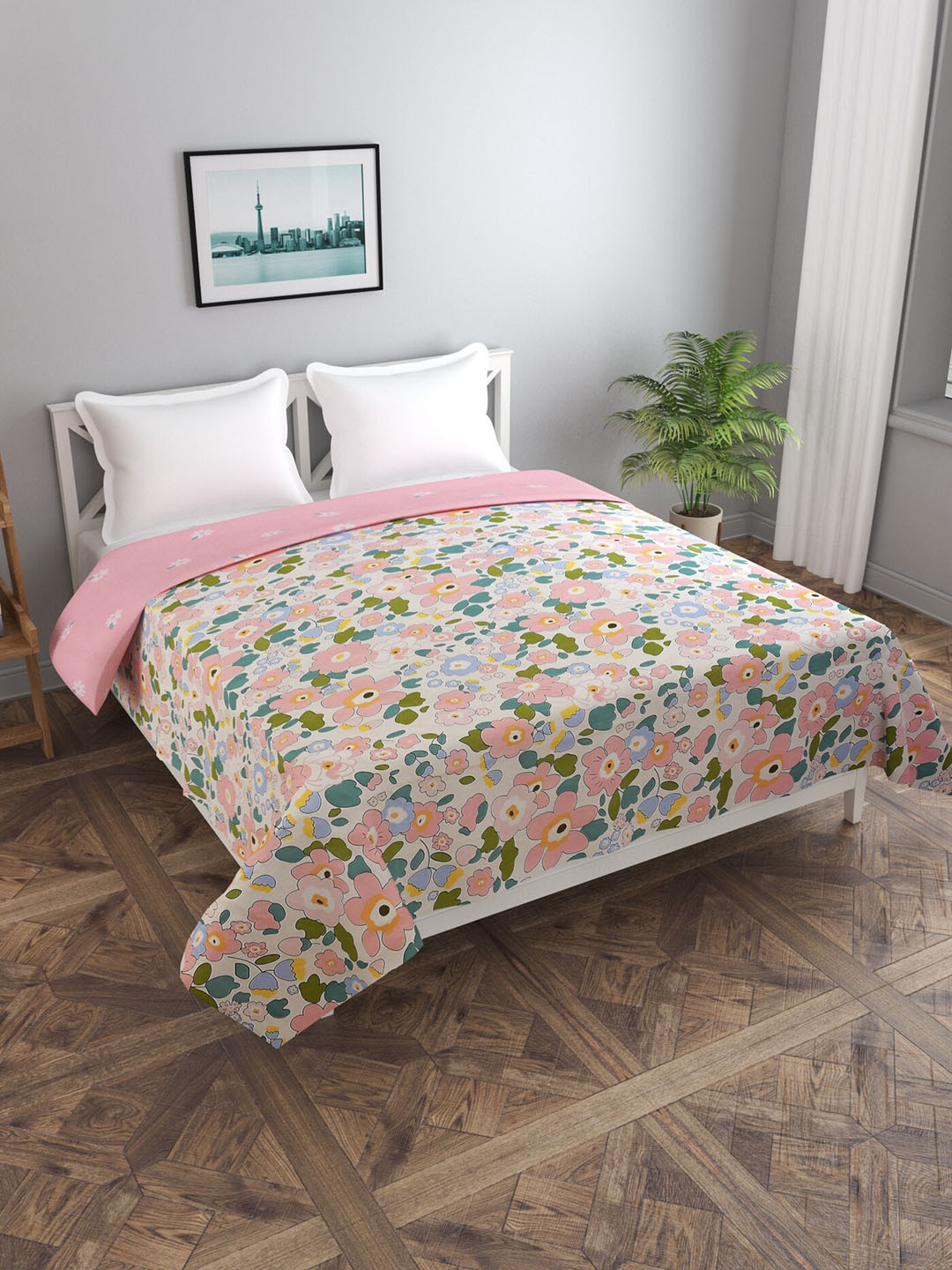 MORADO Pink & Green Floral Printed Reversible Double Queen Duvet Cover