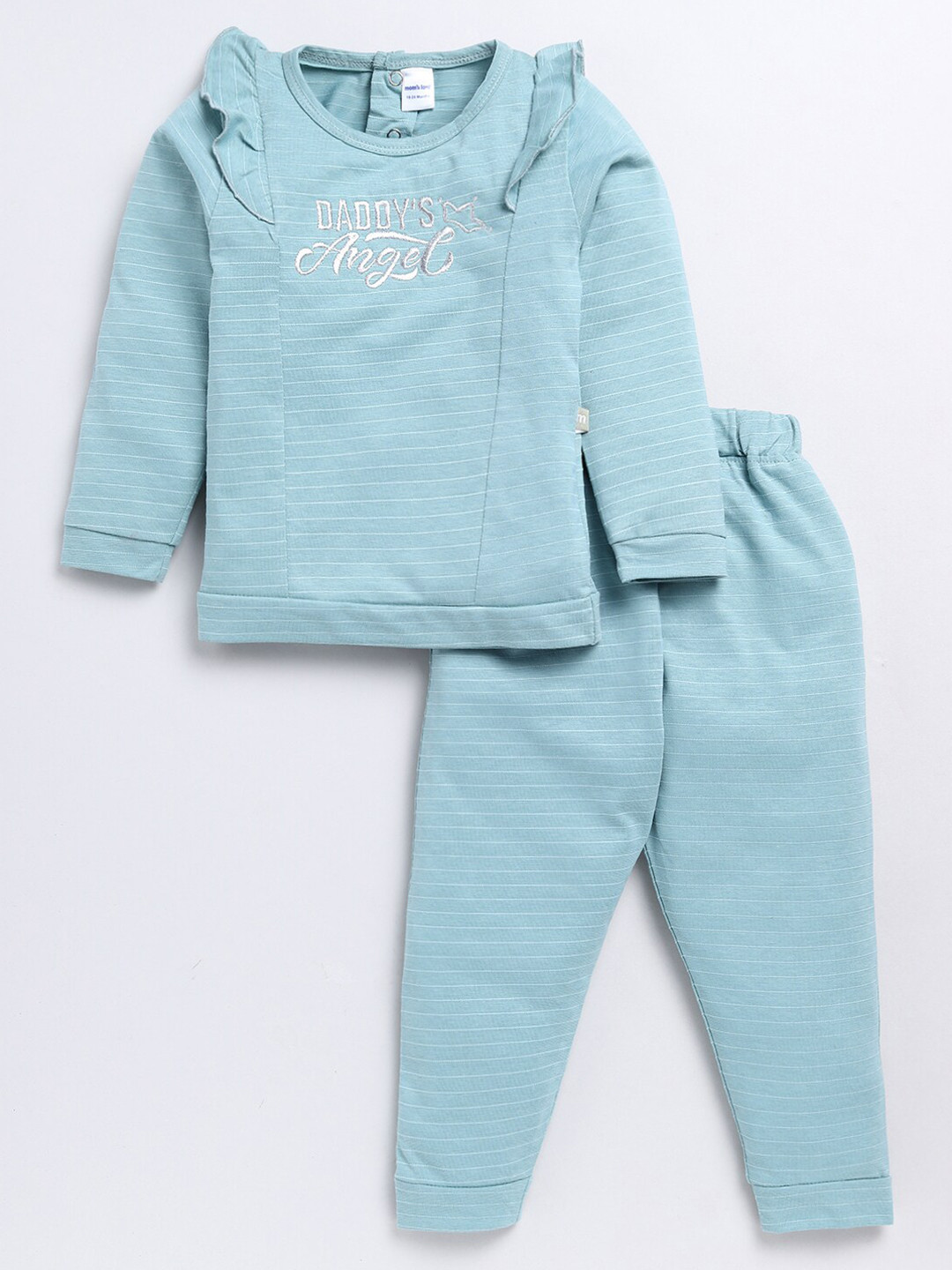 Moms Love Girls Typography Embroidered Long Sleeves Top With Striped Trousers